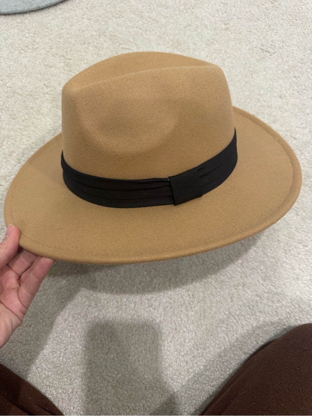 Classic Wide-Brim Fedora Hat in Camel with Black Band